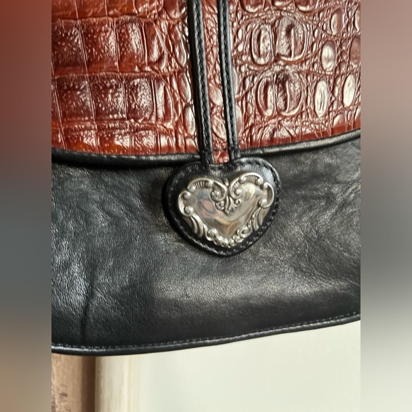 Vintage One World BRIGHTON ChocBrown Croc-Embossed & Black Leather Crossbody Bag - Picture 4 of 15